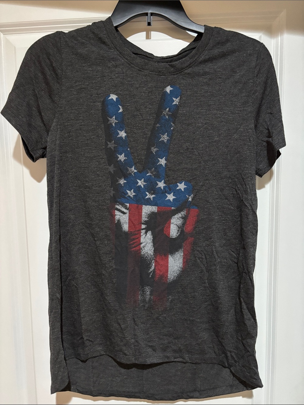L.O.L. Vintage Charcoal Tee with American Flag Peace Hand Graphic